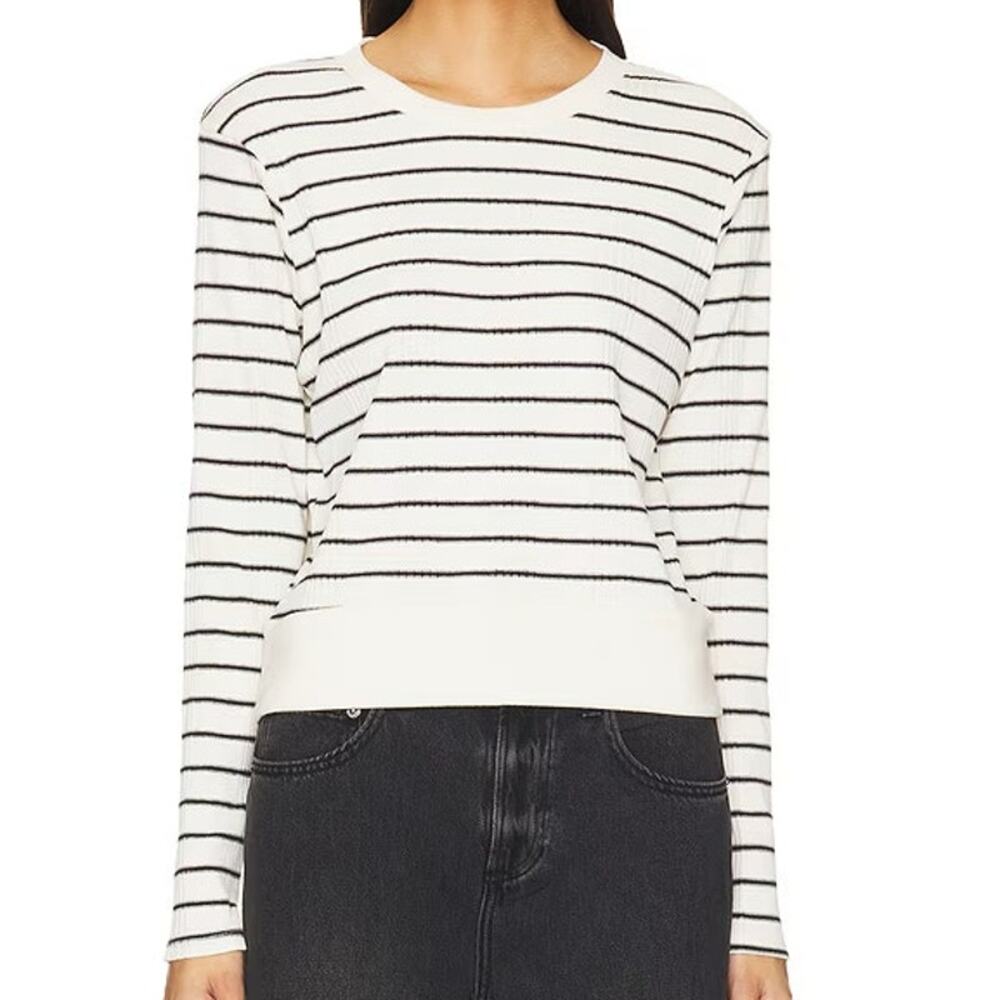 Perfectwhitetee Stef Striped Long Sleeve Boxy Tee XS Ribbed Shirt Cream Black